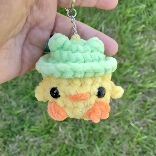 Handmade Crochet Duck in Frog Hat Keychain – Adorable Backpack Buddy