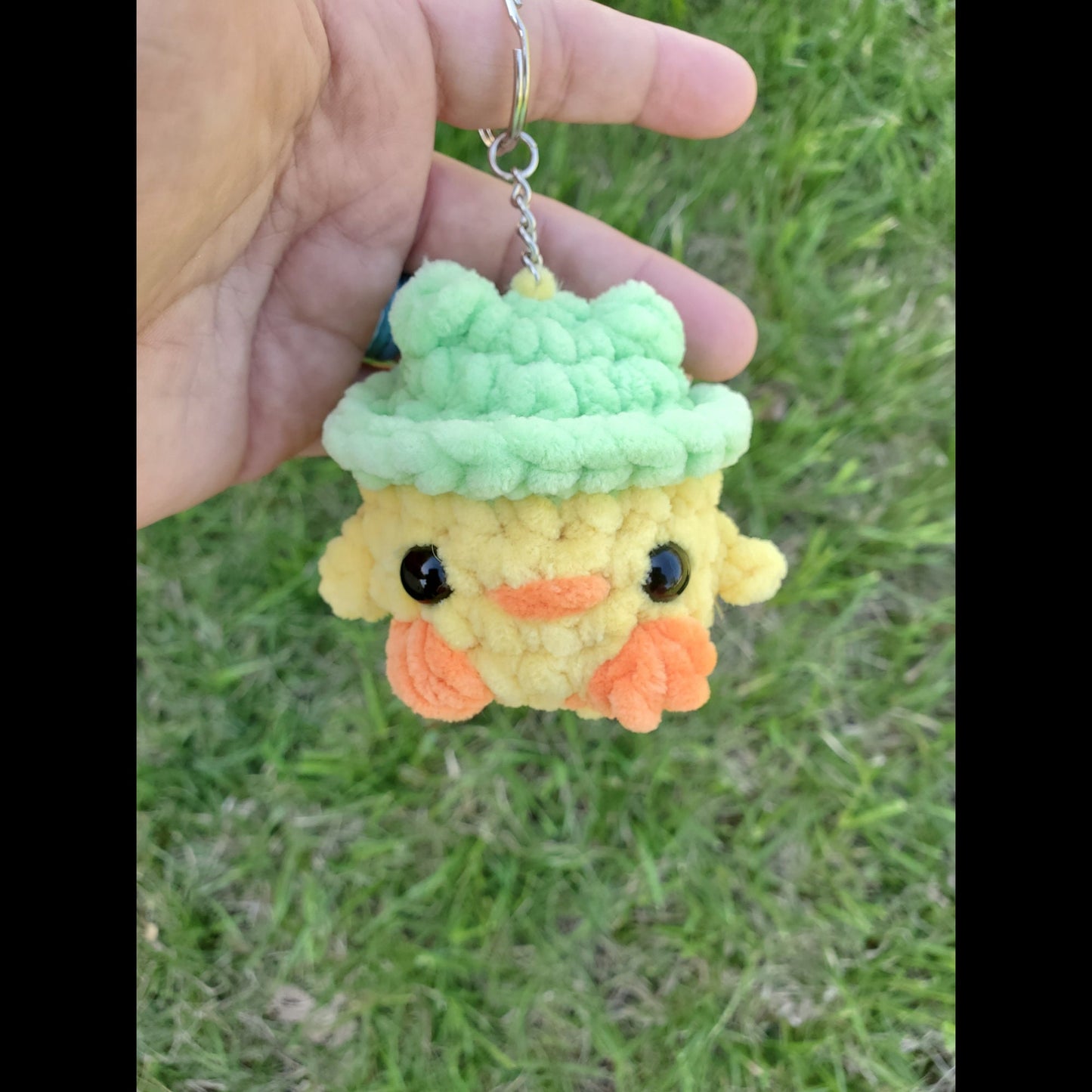 Handmade Crochet Duck in Frog Hat Keychain – Adorable Backpack Buddy